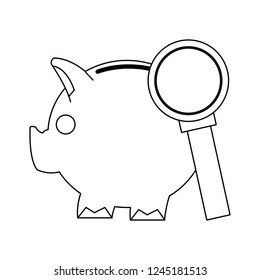 Piggy with magnifying glass black and white