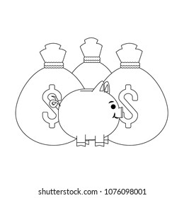 Piggy and money bags on black and white colors