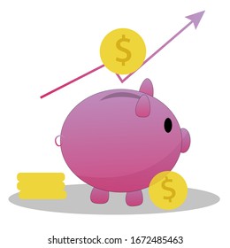 Piggy, money box with coins and arrowhead in vector design isolated on white background. Graphic illustration of savings, finances, success. 