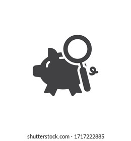Piggy money and magnifying glass vector icon. filled flat sign for mobile concept and web design. Money savings search glyph icon. Symbol, logo illustration. Vector graphics