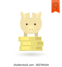 Piggy Moneybox with Coins. Business and Finance, Single Flat Icon. Simple and Minimalistic Style. Vector