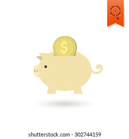 Piggy Moneybox with Coins. Business and Finance, Single Flat Icon. Simple and Minimalistic Style. Vector