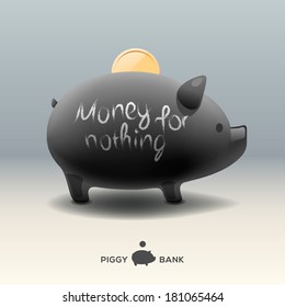 Piggy moneybox with golden coin - money for nothing, vector image. Piggy moneybox with golden coin - money for nothing, vector image.