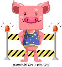 Piggy on construction yard, illustration, vector on white background.