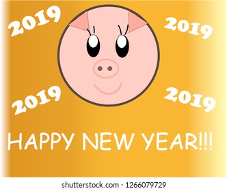 piggy on a gold background Happy New Year 2019