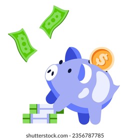 Piggy on a stack of money. Earning money, savings, investment, business advertising concept. Hand drawn isolated Vector illustrations
