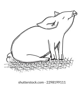 Piggy outline illustration image. 
Hand drawn image artwork of piglet. 
Simple cute original logo of a monochrome piglet.
Hand drawn vector illustration for posters, cards, t-shirts.