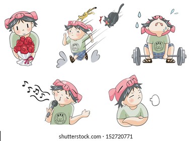 Piggy pig boy with tiger pet cartoon character icon in various action and expression such as love confession running escape angry exercise diet sing and song set 7, create by vector