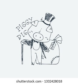 Piggy pig. Cute little animal with lettering. Cartoon hand drawn vector illustration. Nice for baby t-shirt print, greeting and invitation card, fashion print design, kids wear, baby shower