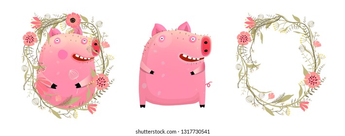 Piggy Pig in Flowers Cartoon. Piglet and floral wreath portrait isolated items set.