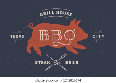 Piggy, pig, pork. Vintage label, logo, print sticker for Meat Restaurant, butchery meat shop poster with text, typography BBQ, Steak Beer, grill house. Piggy or pig silhouette. Vector Illustration