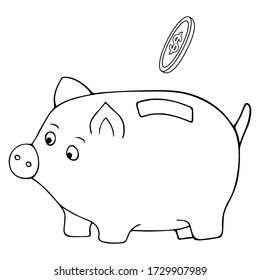 Piggy piglet. A dollar coin falls into the hole. Vector. Contour on an isolated white background. Doodle style. Sketch. Coloring book for children. The accumulation of finance. Toy safe for money.