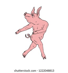 Piggy pink boy dancing ballet, hand drawn doodle, sketch, vector color illustration