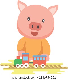 Piggy playing with train