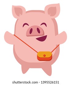 Piggy with purse, illustration, vector on white background.