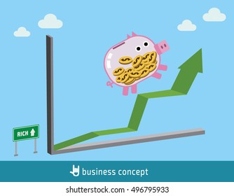 The piggy running on line graph.
stock market growth.
flat design concept for web banners. 
vector illustration brochure.
icon infographics.