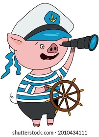 the piggy sailor captain steering wheel vector illustration