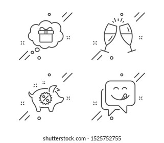Piggy sale, Gift dream and Champagne glasses line icons set. Yummy smile sign. Discounts, Receive a gift, Chin-chin. Emoticon. Holidays set. Line piggy sale outline icon. Vector