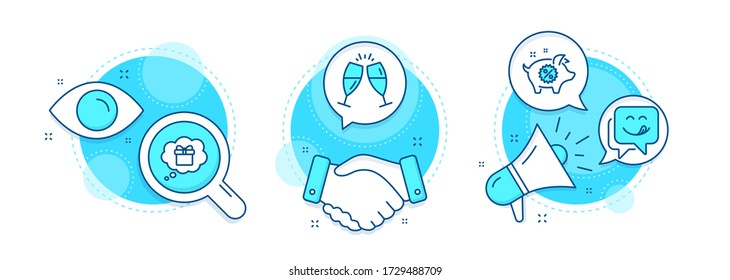 Piggy sale, Gift dream and Champagne glasses line icons set. Handshake deal, research and promotion complex icons. Yummy smile sign. Discounts, Receive a gift, Chin-chin. Emoticon. Vector