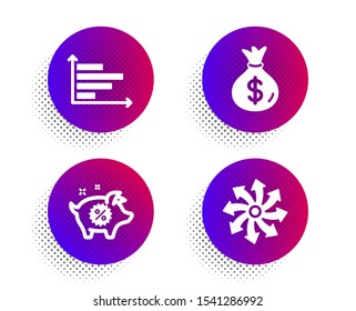 Piggy sale, Horizontal chart and Money bag icons simple set. Halftone dots button. Versatile sign. Discounts, Presentation graph, Usd currency. Multifunction. Finance set. Vector