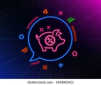 Piggy sale line icon. Neon laser lights. Shopping discount sign. Clearance symbol. Glow laser speech bubble. Neon lights chat bubble. Banner badge with piggy sale icon. Vector