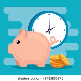 piggy to save money with coins and clock