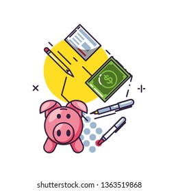 piggy saving with document and set icons