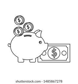 piggy savings with coins and bills money
