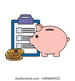 piggy savings with coins money and checklist