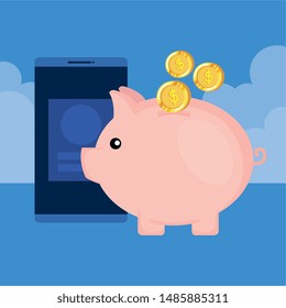 piggy savings with coins money and smartphone