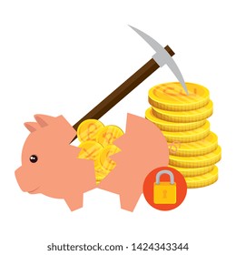 piggy savings with set of commercial coins vector illustration design