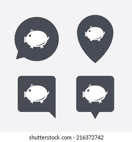 Piggy sign icon. Pork symbol. Map pointers information buttons. Speech bubbles with icons. Vector
