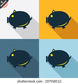 Piggy sign icon. Pork symbol. Four squares. Colored Flat design buttons. Vector