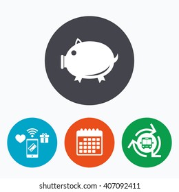 Piggy sign icon. Pork symbol. Mobile payments, calendar and wifi icons. Bus shuttle.