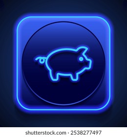 Piggy simple icon vector. Flat design. Blue neon style on button. With shadow.ai