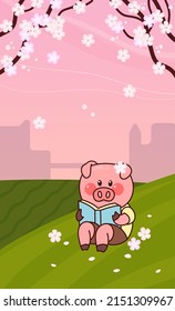 Piggy sits in the meadow and reads book. Pink sunset. Cherry blossom. Kawaii character. Colorful vector illustration.
