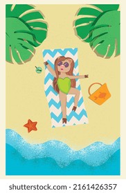 piggy is sunbathing on the sea beach under the shade of palm leaves
