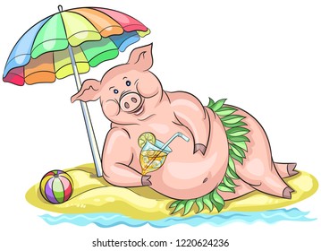 Piggy, the symbol of 2019. Relax in the summer on the beach under an umbrella on the sand with a fruit cocktail.