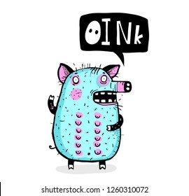 Piggy Talking Oink Funny Cartoon. Kids Pig animal cartoon design outline hand drawn talking.