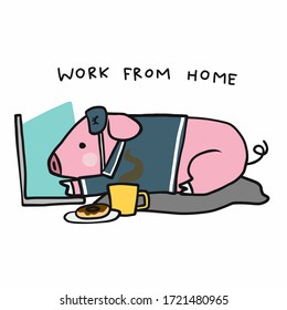 Piggy use laptop work from home cartoon vector illustration