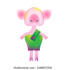 Piggy in vibrant gradient modern style. Cute cartoon pig. Little pig in overalls. Piggy with piglet. Vector mascot for calendar, gift card, banner. Template New Year image for postcard, greeting card.