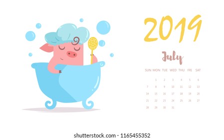 Piggy washes in bathroom. Vector. Cartoon. Isolated art on white background. Flat July calendar 2019