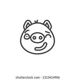 Piggy winking face emoticon line icon. linear style sign for mobile concept and web design. Flirting face emoji outline vector icon. Pig year zodiac symbol, logo illustration. Pixel perfect vector 