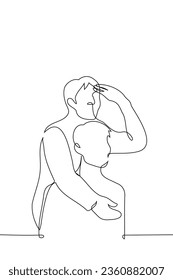 piggyback men, one of them looks into the distance covering his eyes with his hand - one line art vector. concept observers, peek