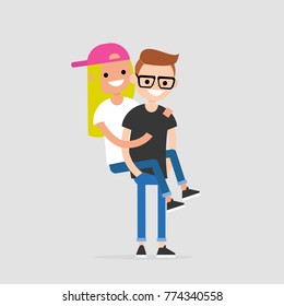 Piggyback ride: a couple of teenagers having fun. Youth lifestyle. Flat editable vector illustration, clip art