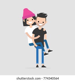 Piggyback ride: a couple of teenagers having fun. Youth lifestyle. Flat editable vector illustration, clip art