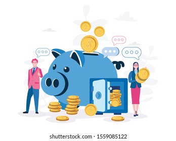 Piggybank , bank safe, business people, safe savings a depository of money, Vector illustration for web banner, infographics, mobile.financial services, investing money in an account, financing