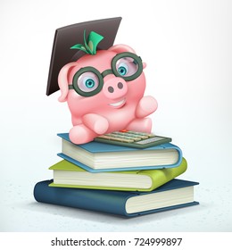 Piggybank character sitting on the stack of book