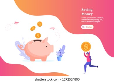 Piggybank with falling gold coins, man holding a coin, concept of saving money and profit, vector illustration for web, ui, landing page, flyer, poster, banner.