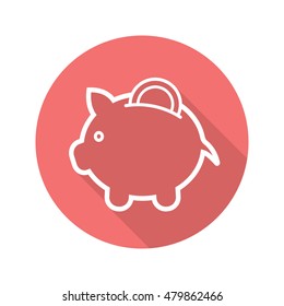 Piggybank flat linear long shadow icon. Piggy bank with coin. Vector line symbol